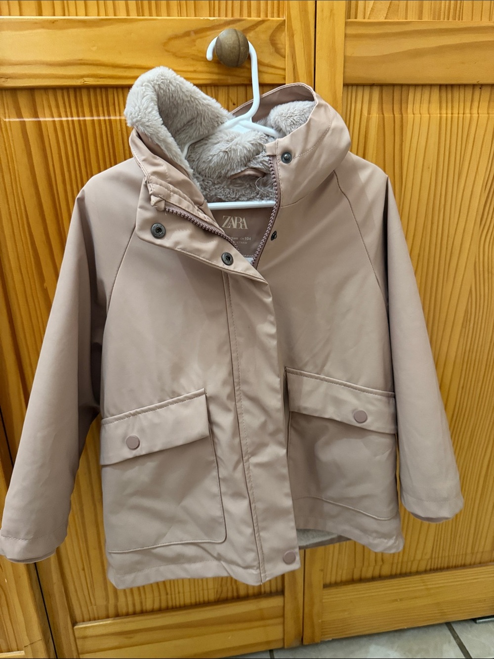 Zara Blush Hooded Puffer Jacket with Faux-Sherpa Lining
